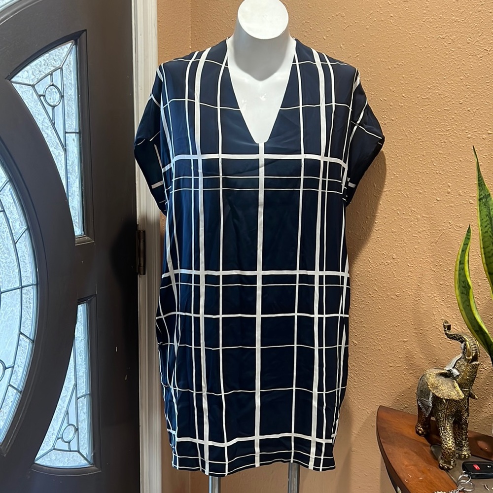 Vince navy blue lattice silk pullover dress